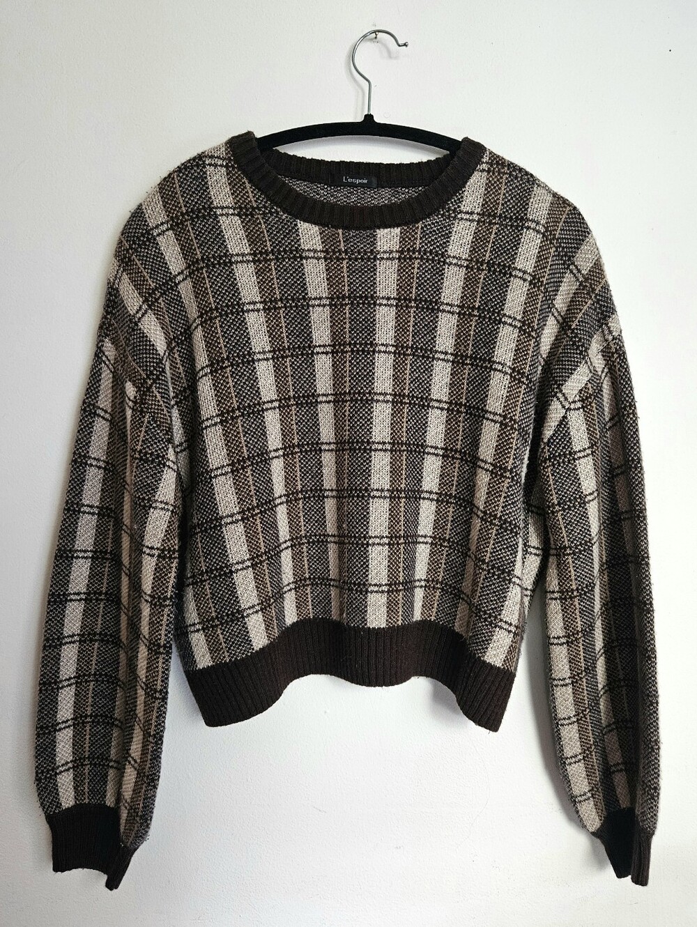 L'ESPOIR Brown and Cream Plaid cropped Sweater